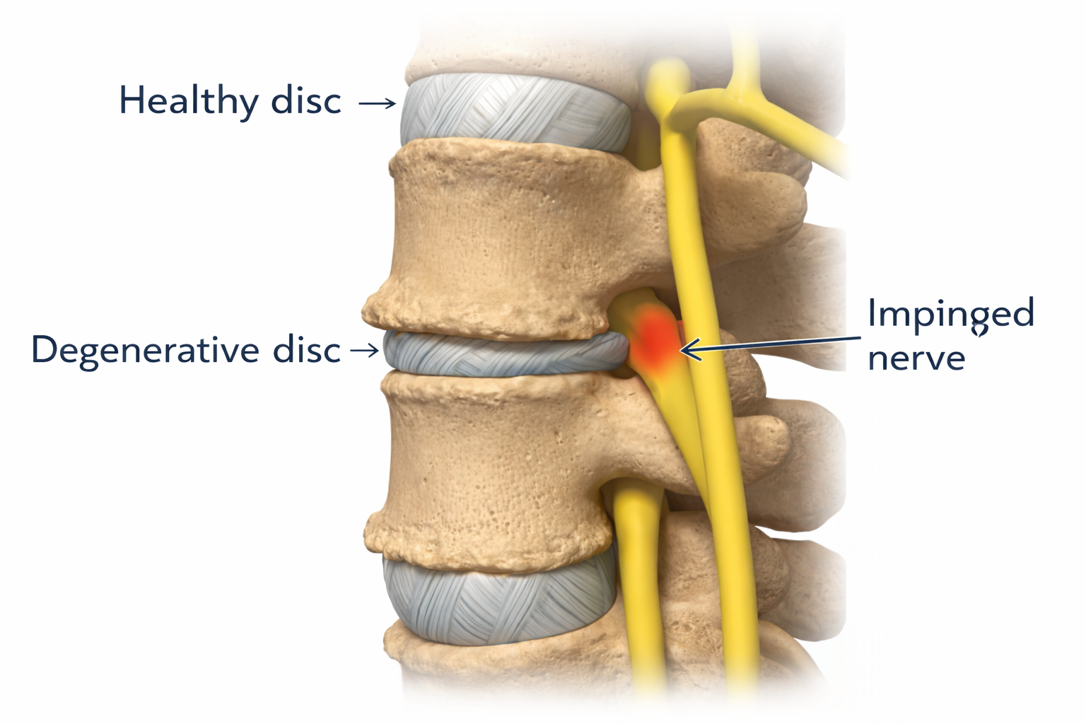 Illustration showing healthy versus degenerated spinal discs with impinged nerve