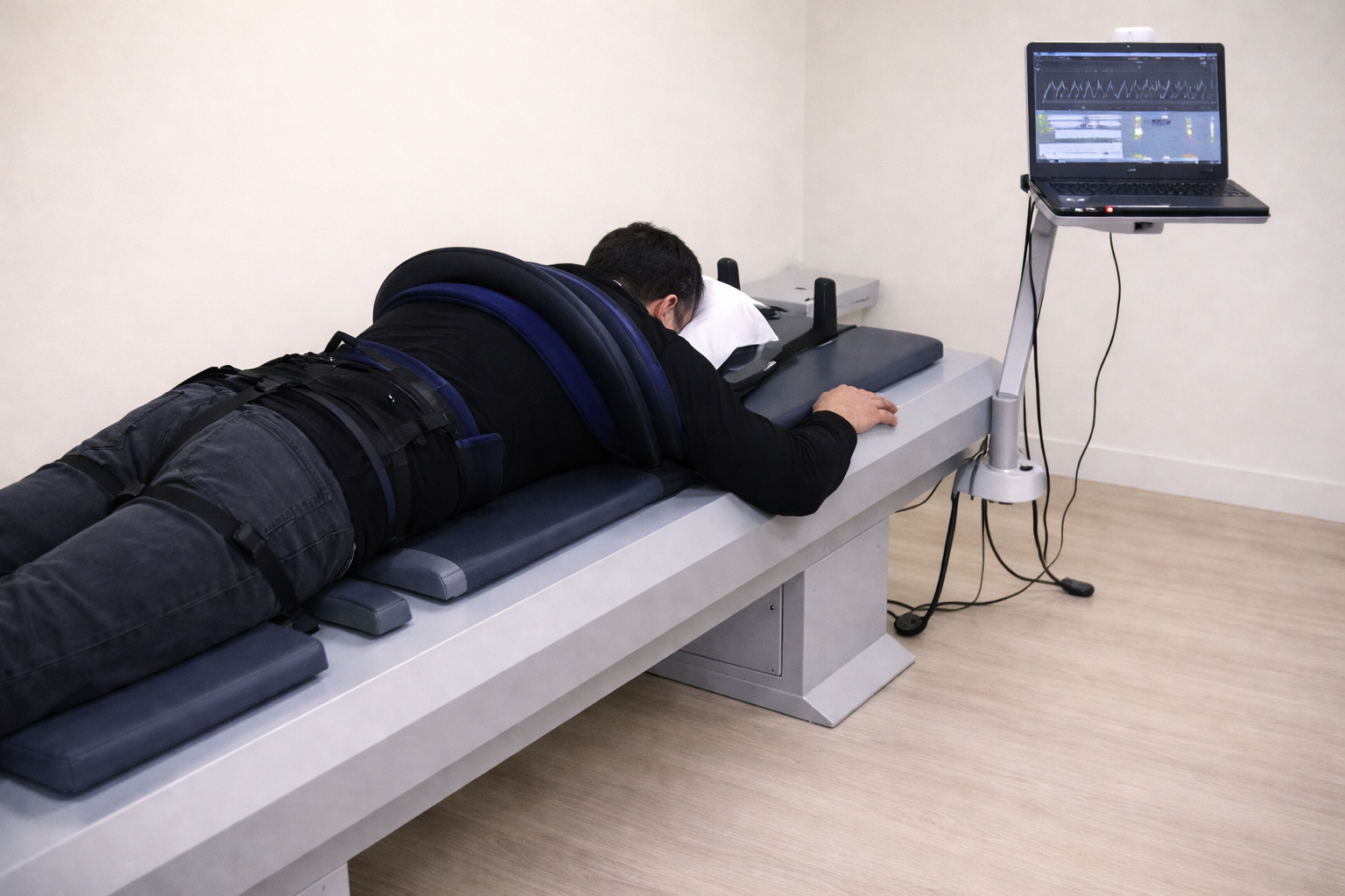 Patient comfortably positioned on the VAX-D non-surgical spinal decompression table at West Hills Chiropractic Pain Center in Huntington, NY